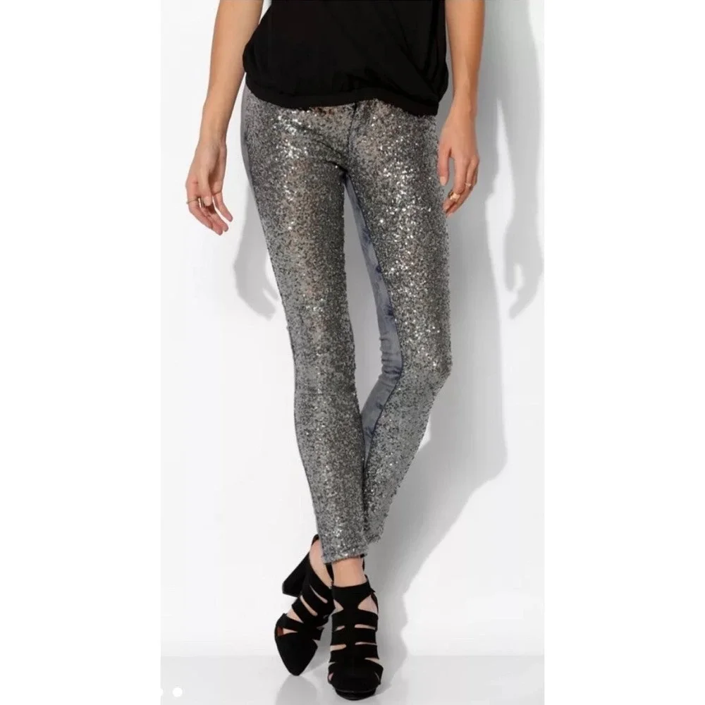 BDG Mid Rise Twig Ankle Jeans Silver Sequin Acid Wash Skinny Denim 26W 29L